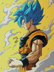 Rule 34 | 1boy, artist name, biceps, blue eyes, blue hair, blue sash, blue shirt, blue wristband, clenched hand, closed mouth, commentary request, dougi, dragon ball, dragon ball super, hair between eyes, highres, looking ahead, male focus, muscular, muscular male, pectorals, profile, sash, scratches, seya (asasei 718), shirt, short sleeves, signature, simple background, smile, smoke, solo, son goku, spiked hair, standing, super saiyan, super saiyan blue, torn clothes, torn shirt, v-shaped eyebrows, wristband, yellow background