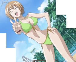 Rule 34 | 1girl, absurdres, amusement park, antenna hair, bikini, breasts, cleavage, closed eyes, cloud, day, front-tie top, green bikini, hand on own hip, happy, highres, kampfer, kondou mikoto, large breasts, legs, navel, open mouth, short hair, side-tie bikini bottom, sky, smile, solo, stitched, swimsuit, thighs, third-party edit, tree, v