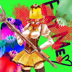 Rule 34 | 10s, 1girl, blonde hair, breasts, cake, corset, drill hair, eat, food, fork, gloves, green background, headless, lowres, magical girl, mahou shoujo madoka magica, mahou shoujo madoka magica (anime), mami mogu mogu, pudding, ribbon, skirt, thighhighs, tomoe mami, twin drills, twintails, yellow skirt