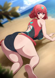 Rule 34 | 1girl, absurdres, ahoge, all fours, alternate costume, ass, bare shoulders, barefoot, blush, breasts, cameltoe, circlet, competition swimsuit, from behind, highres, huge ass, large breasts, looking at viewer, looking back, one-piece swimsuit, open mouth, ponponmaru, pyra (xenoblade), red eyes, red hair, shiny clothes, shiny skin, short hair, sideboob, smile, solo, swimsuit, thick thighs, thighs, top-down bottom-up, xenoblade chronicles (series), xenoblade chronicles 2