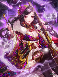 Rule 34 | 1girl, :d, black hair, black thighhighs, box (hotpppink), breasts, building, cleavage, commentary request, company name, crest, crossed legs, family crest, floral print, flower, frilled kimono, frilled sleeves, frills, fur collar, gun, hair flower, hair ornament, highres, holding, holding gun, holding smoking pipe, holding weapon, japanese clothes, katana, kimono, kiseru, long hair, long sleeves, looking at viewer, medium breasts, multicolored clothes, multicolored kimono, musket, nail polish, night, night sky, obi, oda uri, official art, open mouth, outdoors, print kimono, purple flower, purple kimono, purple nails, red eyes, sash, scabbard, sengoku kishin valkyrie, sheath, sheathed, sitting, skull, sky, smile, smoke, smoking pipe, solo, sparkle, star (sky), starry sky, sword, tassel, thighhighs, weapon