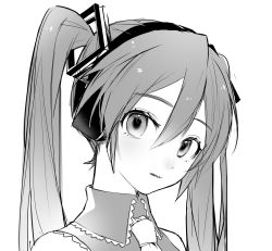 Rule 34 | 1girl, amg (amo10), collared shirt, expressionless, greyscale, hair between eyes, hatsune miku, head tilt, headset, highres, light blush, long hair, looking at viewer, monochrome, necktie, parted lips, portrait, shirt, simple background, sketch, solo, twintails, vocaloid, white background, wing collar