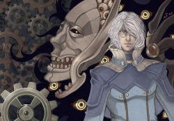 Rule 34 | 1boy, artist request, blue coat, claws, closed mouth, coat, darkness, dated, demon, extra eyes, gears, glasses, glowing, glowing eyes, grey hair, hair over one eye, kiel-d-01, looking at viewer, male focus, mask, open mouth, ragnarok online, round eyewear, short hair, signature, solo, teeth, third-party source, upper body, wavy hair, white hair, yellow eyes