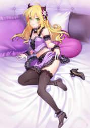 Rule 34 | 1girl, ahoge, ankle cuffs, black thighhighs, blonde hair, blush, breasts, commentary request, feet, green eyes, hair between eyes, high heels, highres, hoshii miki, idolmaster, idolmaster (classic), idolmaster million live!, idolmaster million live! theater days, long hair, looking at viewer, lying, medium breasts, mikapoe, on side, parted lips, pillow, pink skirt, pumps, unworn shoe, shoes, unworn shoes, single shoe, skirt, smile, solo, thighhighs, toes