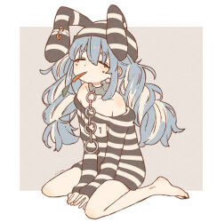 1girl animal_ears artist_name bare_shoulders barefoot blue_hair carrot chain closed_eyes collar collarbone feet food_in_mouth full_body highres hololive long_hair messy_hair metal_collar mouth_hold multicolored_hair prison_clothes prisoner rabbit_ears rabbit_girl safety_pin seiza shirt short_eyebrows sitting solo striped_clothes striped_headwear striped_shirt thick_eyebrows traum38 twintails usada_pekora usada_pekora_(prisoner) virtual_youtuber white_hair