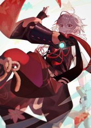 Rule 34 | 1boy, antenna hair, armor, bad id, bad twitter id, bandaged hand, bandages, black gloves, dubian muxia, eyeshadow, fingerless gloves, fingernails, floral print, genshin impact, gloves, glowing, grey hair, hair between eyes, hairband, hakama, hakama shorts, highres, holding, holding sword, holding weapon, japanese clothes, kaedehara kazuha, lens flare, long sleeves, looking down, makeup, male focus, multicolored hair, parted lips, patterned, patterned clothing, pauldrons, ponytail, red eyeshadow, red hair, red legwear, scarf, shorts, shoulder armor, single pauldron, solo, streaked hair, sword, twitter username, vision (genshin impact), weapon, white hairband, wide sleeves, wind