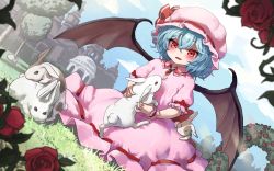 Rule 34 | 1girl, animal, arch, architecture, bat wings, blue hair, blush, bow, brooch, cloud, commentary request, crossed bangs, day, dress, dutch angle, flower, frilled shirt, frilled shirt collar, frilled sleeves, frills, gothic architecture, hair between eyes, hat, hat bow, hat ribbon, highres, holding, holding animal, jewelry, melaton, mob cap, open mouth, outdoors, parted lips, pink dress, pink hat, plant, puffy short sleeves, puffy sleeves, rabbit, red bow, red eyes, red flower, red ribbon, red rose, remilia scarlet, ribbon, ribbon-trimmed dress, rose, scarlet devil mansion, shirt, short hair, short sleeves, sky, smile, solo, thorns, touhou, tree, vines, wings, wrist cuffs