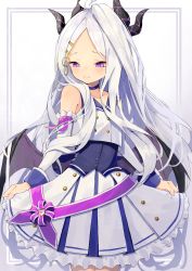 Rule 34 | 1girl, absurdres, alternate costume, blue archive, blush, commentary request, detached sleeves, hair ornament, hairclip, highres, hina (blue archive), horns, purple eyes, silver hair, simple background, smile, solo, white background, wings, yuki hishaku