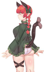 Rule 34 | 1girl, accidental exposure, animal ears, ass, bow, braid, cat ears, dress, extra ears, from behind, green dress, hagezizii, hair bow, kaenbyou rin, leg ribbon, long hair, long sleeves, nekomata, panties, pointy ears, profile, red eyes, red hair, ribbon, simple background, solo, touhou, twin braids, underwear, white background