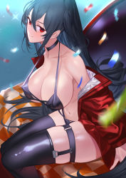Rule 34 | 1girl, ahoge, azur lane, bare shoulders, bikini, black bikini, black choker, black hair, black thighhighs, breasts, choker, cleavage, closed mouth, collarbone, commentary request, crossed bangs, hair between eyes, highres, jacket, large breasts, long hair, long sleeves, looking at viewer, midriff, multi-strapped bikini bottom, multi-strapped bikini top, multiple straps, navel, off shoulder, official alternate costume, one side up, open clothes, open jacket, race queen, red eyes, red jacket, sb lama, sidelocks, sitting, skindentation, solo, stomach, swimsuit, taihou (azur lane), taihou (enraptured companion) (azur lane), thigh strap, thighhighs, underboob, very long hair