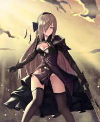 Rule 34 | 1girl, absurdres, armor, black bow, black dress, black gloves, black thighhighs, blurry, blurry background, borrowed character, bow, breasts, brown eyes, brown hair, character request, cleavage, cloud, copyright request, day, dress, gloves, groin, hair over one eye, hairband, highres, holding, holding sword, holding weapon, long hair, medium breasts, nekobell, outdoors, parted lips, shoulder armor, solo, standing, sword, thighhighs, thighs, very long hair, weapon