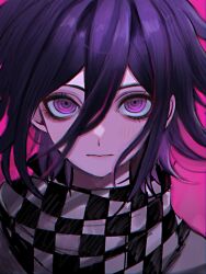 Rule 34 | 1boy, blush, checkered clothes, checkered scarf, closed mouth, danganronpa (series), danganronpa v3: killing harmony, expressionless, flipped hair, hair between eyes, highres, looking at viewer, male focus, oma kokichi, pink background, pink eyes, portrait, purple hair, scarf, solo, urami0310
