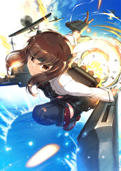 Rule 34 | 10s, 1girl, action, aircraft, airplane, bow (weapon), brown eyes, brown hair, crossbow, donarudo, headgear, highres, kantai collection, short hair, solo, taihou (kancolle), turret, weapon