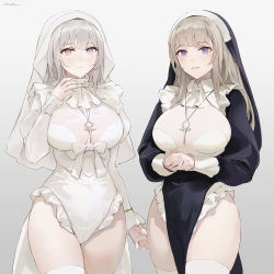 Rule 34 | 2girls, artist name, black dress, black headwear, blue eyes, blush, breasts, chowbie, commentary, cross, cross necklace, dress, gradient background, grey background, grey hair, hand up, highres, jewelry, large breasts, leotard, long hair, long sleeves, looking at viewer, multiple girls, necklace, nun, original, own hands together, parted lips, purple eyes, simple background, smile, thighhighs, thighs, white headwear, white leotard, white thighhighs