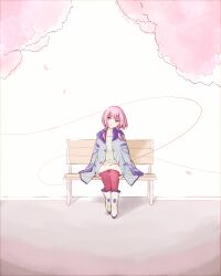 Rule 34 | absurdres, bench, braid, collarbone, falling petals, highres, hood, hood down, hooded jacket, jacket, kaf (kamitsubaki studio), kamitsubaki studio, looking at viewer, low twin braids, memori (egachachachan), multicolored clothes, multicolored eyes, multicolored jacket, park bench, petals, pink hair, red thighhighs, shirt, short hair, sitting, smile, thighhighs, twin braids, virtual youtuber, white footwear, white shirt, yellow pupils