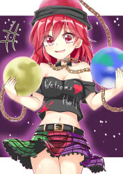 Rule 34 | +++, 1girl, bare shoulders, belt, black shirt, blush, breasts, chain, cleavage, clothes writing, collar, collarbone, cowboy shot, crop top, earth (ornament), english text, engrish text, fang, frilled skirt, frills, hecatia lapislazuli, keyaki chimaki, long hair, looking at viewer, medium breasts, miniskirt, moon (ornament), multicolored clothes, multicolored skirt, navel, off-shoulder shirt, off shoulder, parted lips, plaid, plaid skirt, ranguage, red eyes, red hair, shirt, short sleeves, skirt, smile, solo, stomach, t-shirt, thighs, touhou