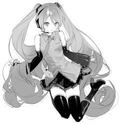 Rule 34 | 1girl, absurdly long hair, bare shoulders, boots, breasts, collared shirt, detached sleeves, full body, greyscale, hatsune miku, headset, high heel boots, high heels, highres, long hair, looking at viewer, microphone, miniskirt, monochrome, naoko (naonocoto), necktie, parted lips, pleated skirt, shirt, skirt, sleeveless, sleeveless shirt, small breasts, solo, thigh boots, twintails, very long hair, vocaloid
