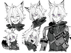 1boy ? animal_ears blush cat_boy cat_ears cat_tail character_sheet closed_eyes greyscale grin hand_on_own_chin long_tail monochrome multiple_expressions offnanoda open_mouth police police_badge police_uniform policeman purple_eyes seth_lowell simple_background smile solo tail white_background zenless_zone_zero zipper