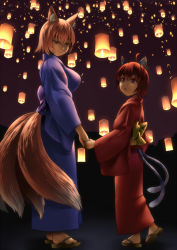 Rule 34 | 2girls, :o, ahoge, alternate costume, animal ears, bad id, bad pixiv id, blonde hair, breasts, brown hair, cat ears, cat tail, chen, earrings, fox ears, fox tail, full body, half-closed eyes, holding hands, japanese clothes, jewelry, kimono, lantern, large breasts, light smile, looking at viewer, looking down, looking up, multiple girls, multiple tails, night, night sky, obi, obon, outdoors, paper lantern, ragi (schrdngr), red eyes, sandals, sash, short hair, single earring, sky, standing, tail, touhou, yakumo ran, yukata