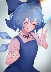 Rule 34 | 1girl, absurdres, bloom, blue bow, blue dress, blue hair, blush, bow, bowtie, breasts, cirno, closed eyes, closed mouth, collar, collared shirt, double v, dress, gradient background, grey background, hair between eyes, hands up, highres, ice, ice wings, medium breasts, palulap, puffy short sleeves, puffy sleeves, red bow, red bowtie, shirt, short hair, short sleeves, smile, solo, standing, teeth, touhou, v, white background, wings