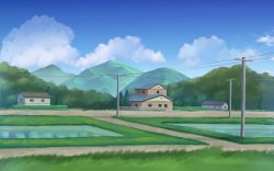 Rule 34 | bad id, bad pixiv id, biako, blue sky, bush, cloud, commentary request, day, grass, hedge, highres, house, mountain, no humans, original, outdoors, power lines, revision, rice paddy, road, rural, scenery, sky, utility pole, water, window