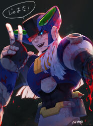 Rule 34 | 1boy, abs, absurdres, amputee, android, armor, artist name, assault visor, blood, blood on armor, blood on face, blood on hands, blue armor, blue helmet, closed eyes, commentary request, detached arm, dynamo (mega man), from below, glitch, glowing, glowing eye, highres, injury, long hair, male focus, mega man (series), mega man x (series), nao (gatita), one eye closed, solo, translation request, v, white hair