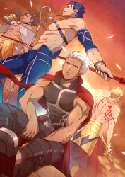 Rule 34 | 4boys, abs, absurdres, archer (fate), arm tattoo, armor, armpits, back tattoo, bare arms, black gloves, black hair, blonde hair, blue hair, blue pants, bracelet, cape, cu chulainn (fate), cu chulainn (fate/stay night), cu chulainn (second ascension) (fate), dutch angle, ea (fate/stay night), earrings, fate/grand order, fate/prototype, fate/prototype: fragments of blue and silver, fate/stay night, fate (series), gae bolg (fate), gilgamesh (fate), gloves, gold armor, grey eyes, highres, holding, holding polearm, holding spear, holding staff, holding weapon, jewelry, looking at viewer, male focus, mazjojo, multiple boys, muscular, necklace, official alternate costume, orange background, ozymandias (fate), pants, polearm, sitting, spear, staff, standing, tan, tattoo, topless male, weapon, white cape, white hair