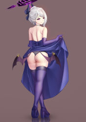 Rule 34 | 1girl, absurdres, ass, backless dress, backless outfit, bare back, bare shoulders, blue archive, blue bow, blue dress, bow, casperrin, commentary, crossed legs, dress, elbow gloves, full body, gloves, grey background, grey panties, high heels, highres, hina (blue archive), hina (dress) (blue archive), horns, legs, long hair, looking at viewer, low wings, panties, purple eyes, purple footwear, purple gloves, purple thighhighs, reflection, simple background, skindentation, smile, solo, standing, thighhighs, thighs, underwear, watson cross, white hair, wings
