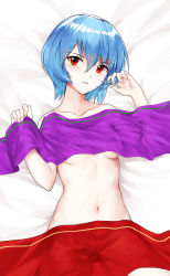 Rule 34 | 1girl, ayanami rei, bare shoulders, blue hair, blush, breasts, collarbone, commentary request, hair between eyes, highres, holding, holding hair, looking at viewer, lying, medium breasts, navel, neon genesis evangelion, on back, parted lips, red eyes, short hair, solo, underboob, wo chi xiangjiao pi