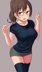 Rule 34 | 1girl, bad id, bad pixiv id, black shirt, black thighhighs, blush, breasts, brown eyes, brown hair, collarbone, female focus, glasses, grey background, grey skirt, high ponytail, large breasts, legs, long hair, looking at viewer, miniskirt, neri sachiko, open mouth, original, pencil skirt, red-framed eyewear, shirt, short sleeves, simple background, skirt, smile, solo, standing, t-shirt, taut clothes, taut shirt, thighhighs, w arms