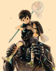 Rule 34 | 2boys, armor, backpack, bag, black hair, bug, butterfly, butterfly net, carrying, full armor, hand net, insect, looking at viewer, male focus, multiple boys, noeyebrow (mauve), original, randoseru, short hair, shorts, shoulder carry, simple background, smile, treize (mauve)