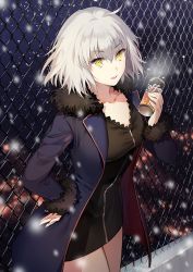 Rule 34 | 1girl, ahoge, bad id, bad twitter id, black dress, blue coat, blurry, blurry background, breasts, breath, can, canned coffee, chain-link fence, city lights, coat, collarbone, dress, drink can, fate/apocrypha, fate/grand order, fate (series), fence, fur-trimmed coat, fur trim, hand on own hip, holding, holding can, ice (ice aptx), inactive account, jeanne d&#039;arc (fate), jeanne d&#039;arc alter (avenger) (fate), jeanne d&#039;arc alter (fate), large breasts, looking at viewer, open mouth, outdoors, rooftop, short hair, silver hair, smile, snow, snowing, solo, tsurime, yellow eyes