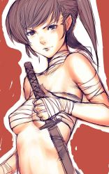 Rule 34 | bandages, bare shoulders, brown hair, fumio (rsqkr), katana, sarashi, solo, strap, sword, weapon