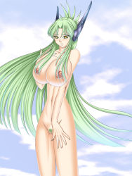 Rule 34 | 1girl, blush, breasts, cloud, colored pubic hair, green hair, large breasts, long hair, nipples, nude, pubic hair, pussy, sky, tagme, takashimashou, uncensored, yellow eyes