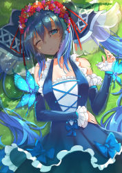 Rule 34 | 1girl, blue eyes, blue hair, detached sleeves, dress, grass, hatsune miku, head wreath, highres, long hair, lying, mhong, on back, one eye closed, outdoors, shade, solo, twintails, very long hair, vocaloid