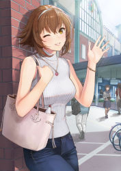 Rule 34 | alternate costume, bag, bare shoulders, blush, breasts, brown hair, casual, cowboy shot, denim, flipped hair, green eyes, hairband, isonami (kancolle), jeans, jewelry, kantai collection, large breasts, looking at viewer, mutsu (kancolle), necklace, one eye closed, open mouth, outdoors, pants, ring, short hair, shoulder bag, skirt, sleeveless, smile, solo focus, sweater, tantaka, turtleneck, turtleneck sweater, urban, waving