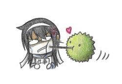 Rule 34 | 10s, 1girl, admiral (kancolle), anger vein, black hair, colored pencil (medium), dainamitee, food, glasses, hairband, heart, kantai collection, long hair, non-human admiral (kancolle), ooyodo (kancolle), pocky, pocky kiss, shared food, simple background, traditional media, white background