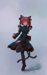 Rule 34 | 1girl, :3, absurdres, animal ears, back bow, black bow, black pantyhose, blush, boots, bow, bowtie, braid, cat ears, cat tail, clenched hand, dress, gradient background, green dress, grey background, highres, juliet sleeves, kaenbyou rin, long sleeves, multiple tails, non-web source, pantyhose, paw pose, puffy sleeves, red bow, red bowtie, red eyes, red hair, reddizen, shadow, simple background, sketch, slit pupils, solo, source request, standing, standing on one leg, tail, touhou, twin braids, two tails