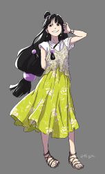 Rule 34 | 1girl, ace attorney, adjusting hair, alternate costume, arm behind back, black hair, blunt bangs, cropped shirt, dress, earrings, floral print, full body, grey background, hair ornament, half updo, hand up, jewelry, lace, long hair, looking to the side, maya fey, parted bangs, sandals, see-through, see-through shirt, shirt, short sleeves, sidelocks, simple background, smile, solo, standing, taba (tb gya), white shirt, yellow dress