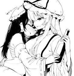Rule 34 | 2girls, :d, bad id, bad twitter id, blush, bottle, bow, closed eyes, commentary request, detached sleeves, drunk, greyscale, hair between eyes, hair bow, hair tubes, hakurei reimu, hand on another&#039;s back, hat, hat ribbon, holding, holding bottle, hug, long hair, long sleeves, mob cap, monochrome, multiple girls, nose blush, open mouth, ribbon, ribbon-trimmed sleeves, ribbon trim, sarashi, shnva, sidelocks, simple background, smile, tabard, touhou, upper body, white background, wide sleeves, yakumo yukari