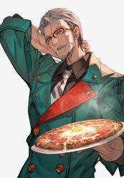 Rule 34 | 1boy, absurdres, arm behind head, arurandeisu, egg (food), facial hair, food, fried egg, glasses, green eyes, green jacket, grey hair, highres, holding, holding food, holding pizza, holding plate, holostars, jacket, lack, male focus, manly, necktie, one eye closed, open mouth, pizza, plate, short hair, simple background, smile, solo, standing, upper body, virtual youtuber