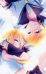 Rule 34 | 1boy, 1girl, bad id, bad pixiv id, black shorts, blonde hair, blue eyes, brother and sister, collarbone, crop top, detached sleeves, df=6, from above, hair between eyes, hair ribbon, headphones, kagamine len, kagamine rin, looking at viewer, lying, microphone, midriff, navel, on back, on side, parted lips, ribbon, shirt, short hair, short shorts, short sleeves, shorts, siblings, sleeveless, vocaloid, white ribbon, white shirt