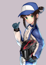 Rule 34 | 1girl, absurdres, black hair, black helmet, blue gloves, character name, cowboy shot, fubuki (kancolle), gloves, green eyes, helmet, highres, himura moritaka, holding, holding helmet, kantai collection, looking at viewer, low ponytail, official alternate costume, pointing, pointing at self, purple background, racing suit, short ponytail, sidelocks, simple background, smile, solo