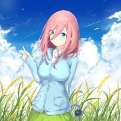 Rule 34 | 1girl, blue cardigan, blue eyes, blue sky, blush, breasts, brown hair, cardigan, closed mouth, cloud, cloudy sky, collared shirt, commentary, day, dress shirt, go-toubun no hanayome, grass, green skirt, hair between eyes, hand up, head tilt, long hair, long sleeves, medium breasts, nakano miku, outdoors, pleated skirt, rocm (nkkf3785), shirt, skirt, sky, sleeves past wrists, smile, solo, twitter username, v, white shirt