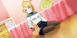 Rule 34 | 1girl, absurdres, animal, ayase eli, bed, bedroom, belt, blanket, blonde hair, blue eyes, blush, chest of drawers, cushion, highres, indoors, long hair, long sleeves, looking down, love live!, love live! school idol festival all stars, love live! school idol project, no shoes, official art, on floor, pantyhose, petting, pillow, polka dot blanket, ponytail, rabbit, scrunchie, shorts, sitting, smile, solo, sweater, wooden floor, yokozuwari