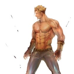 Rule 34 | 1boy, 6 (brm6), abs, beowulf (fate), blonde hair, denim, facial hair, fate/grand order, fate (series), feet out of frame, goatee, highres, jeans, large pectorals, looking at viewer, male focus, mature male, muscular, muscular male, nipples, no tattoo, pants, pectorals, red eyes, scar, scar across eye, scar on chest, short hair, sideburns, smirk, solo, standing, stomach, topless male