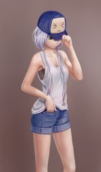 Rule 34 | &gt; &lt;, 1girl, aki99, bra, closed eyes, denim, denim shorts, green eyes, hair up, hand in pocket, hat tip, highres, long hair, looking down, luo tianyi, md5 mismatch, original, resolution mismatch, shorts, silver hair, solo, source larger, tank top, underwear, vocaloid