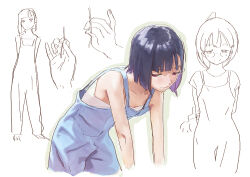 Rule 34 | 2girls, art study, bare arms, bare shoulders, bent over, black hair, blue overalls, blunt bangs, collage, commentary request, cowboy shot, do it yourself!!, hikage takumi, matsuo yuusuke, multicolored hair, multiple girls, multiple views, overalls, purple hair, short hair, simple background, strapless, suride miku, two-tone hair, white background