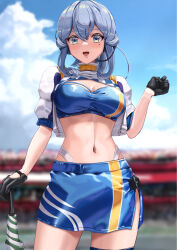 Rule 34 | 1girl, blue eyes, blue hair, breasts, chicken (chickenx), cowboy shot, cropped jacket, gloves, gotland (kancolle), hair between eyes, highres, kantai collection, large breasts, long hair, looking at viewer, mole, mole under eye, official alternate costume, open mouth, race queen, smile, solo, umbrella