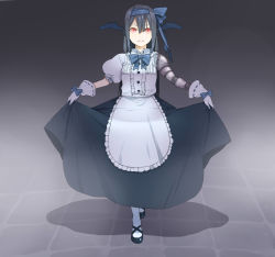 Rule 34 | 1girl, apron, asymmetrical clothes, bad id, bad pixiv id, black hair, bow, curtsey, dress, gloves, hair bow, hair ribbon, head wings, highres, kurono yuu, original, prosthesis, red eyes, ribbon, short sleeves, skirt hold, solo, torn clothes, wings